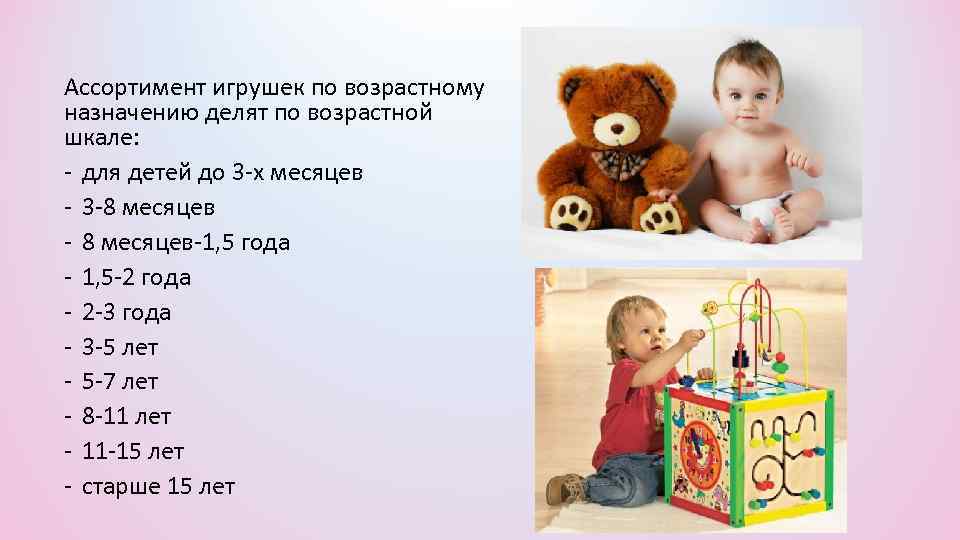 Ассортимент игрушек по возрастному назначению делят по возрастной шкале: - для детей до 3