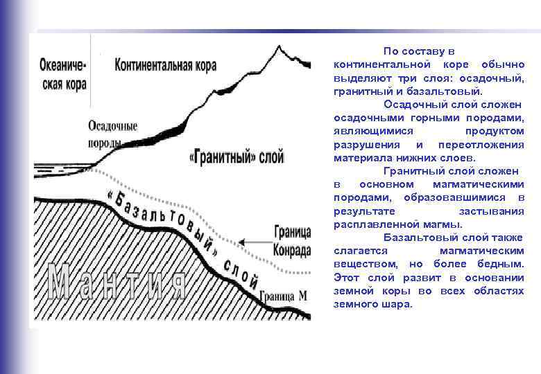  По составу в континентальной коре обычно выделяют три слоя: осадочный, гранитный и базальтовый.