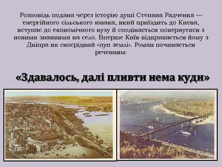 Розповідь подана через історію душі Степана Радченка — енергійного сільського юнака, який приїздить до