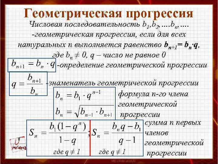 Геометрическая прогрессия Числовая последовательность b 1, b 2, …. bn, …. -геометрическая прогрессия, если