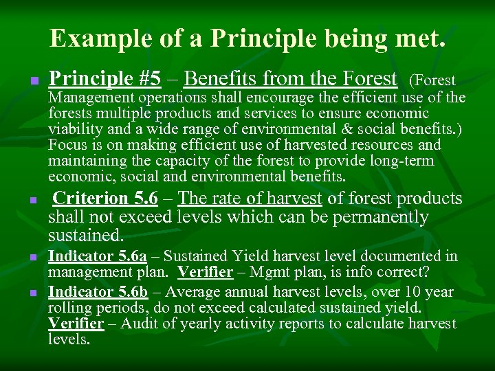 Example of a Principle being met. n n Principle #5 – Benefits from the