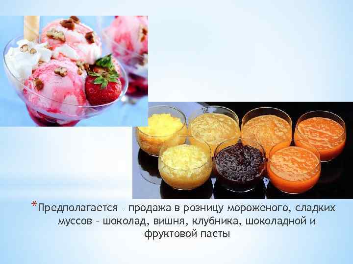 *Предполагается – продажа в розницу мороженого, сладких муссов – шоколад, вишня, клубника, шоколадной и