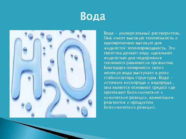 Вода - универсальный растворитель. Она имеет высокую теплоёмкость и одновременно высокую для жидкостей теплопроводность.