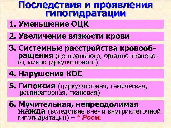 Последствия и проявления гипогидратации 1. Уменьшение ОЦК 2. Увеличение вязкости крови 3. Системные расстройства