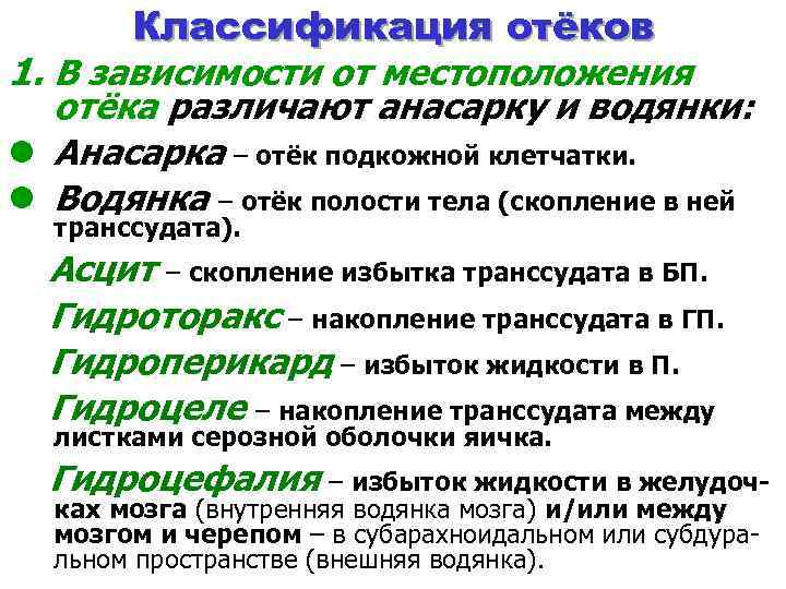 Классификация отёков 1. В зависимости от местоположения отёка различают анасарку и водянки: l Анасарка