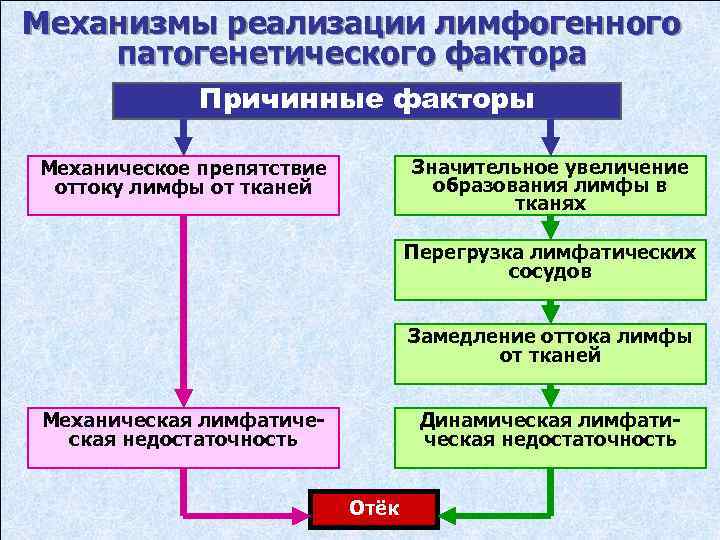 Механизмы реализации лимфогенного патогенетического фактора Причинные факторы Значительное увеличение образования лимфы в тканях Механическое