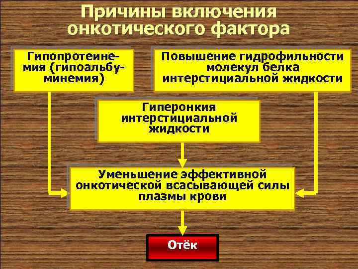 Причины включения онкотического фактора Гипопротеинемия (гипоальбуминемия) Повышение гидрофильности молекул белка интерстициальной жидкости Гиперонкия интерстициальной