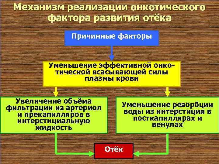 Механизм реализации онкотического фактора развития отёка Причинные факторы Уменьшение эффективной онкотической всасывающей силы плазмы