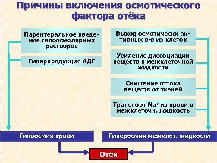 Причины включения осмотического фактора отёка Парентеральное введение гипоосмолярных растворов Гиперпродукция АДГ Выход осмотически активных