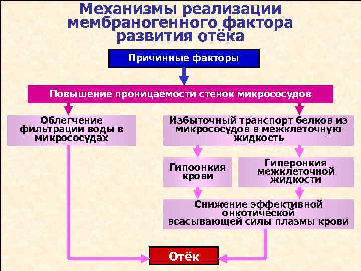 Механизмы реализации мембраногенного фактора развития отёка Причинные факторы Повышение проницаемости стенок микрососудов Облегчение фильтрации