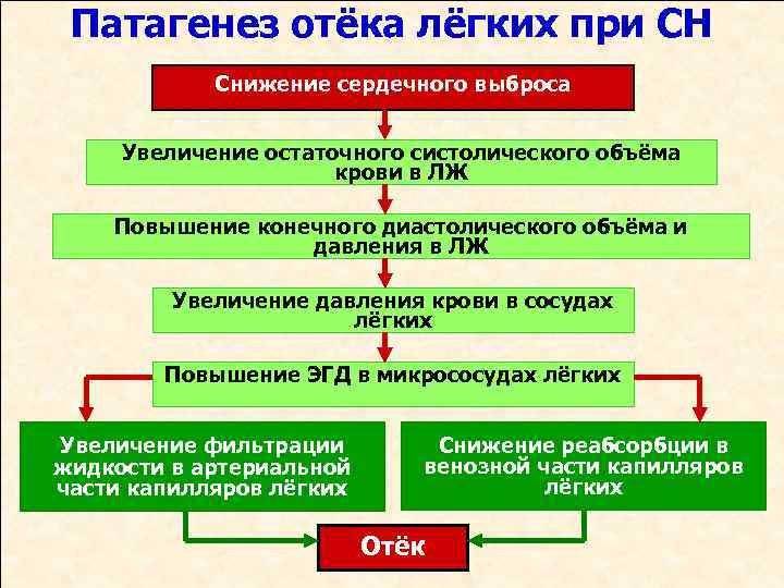 Патагенез отёка лёгких при СН Снижение сердечного выброса Увеличение остаточного систолического объёма крови в