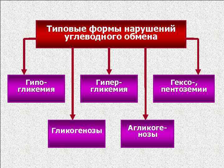 Типовые формы нарушений углеводного обмена Гипогликемия Гипергликемия Гликогенозы Гексо-, пентоземии Агликогенозы 
