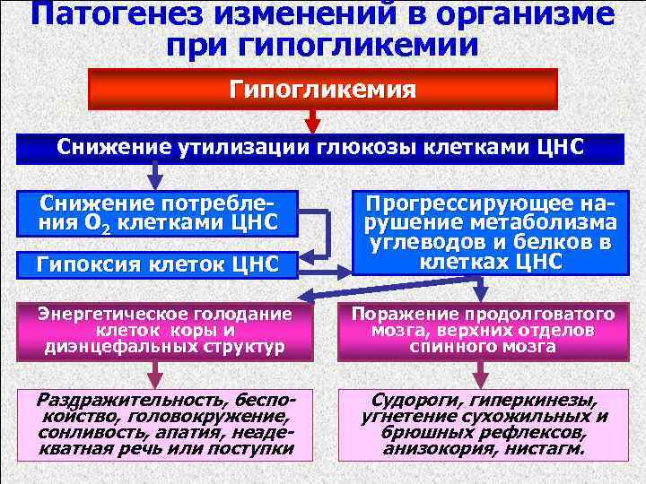 Патогенез изменений в организме при гипогликемии Гипогликемия Снижение утилизации глюкозы клетками ЦНС Снижение потребления