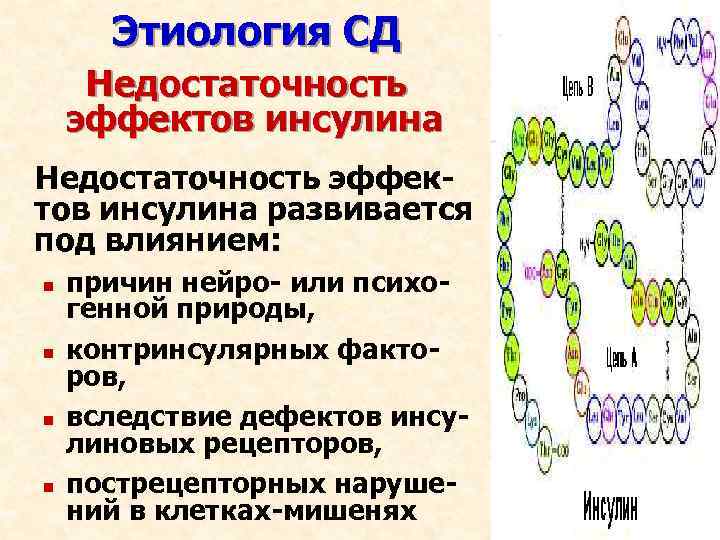 Этиология СД Недостаточность эффектов инсулина развивается под влиянием: n n причин нейро- или психогенной