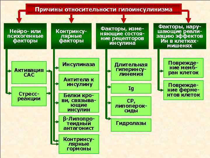 Причины относительности гипоинсулинизма Нейро- или психогенные факторы Активация САС Стрессреакции Контринсулярные факторы Инсулиназа Антитела