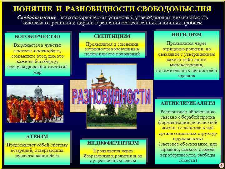 ПОНЯТИЕ И РАЗНОВИДНОСТИ СВОБОДОМЫСЛИЯ Свободомыслие - мировоззренческая установка, утверждающая независимость человека от религии и