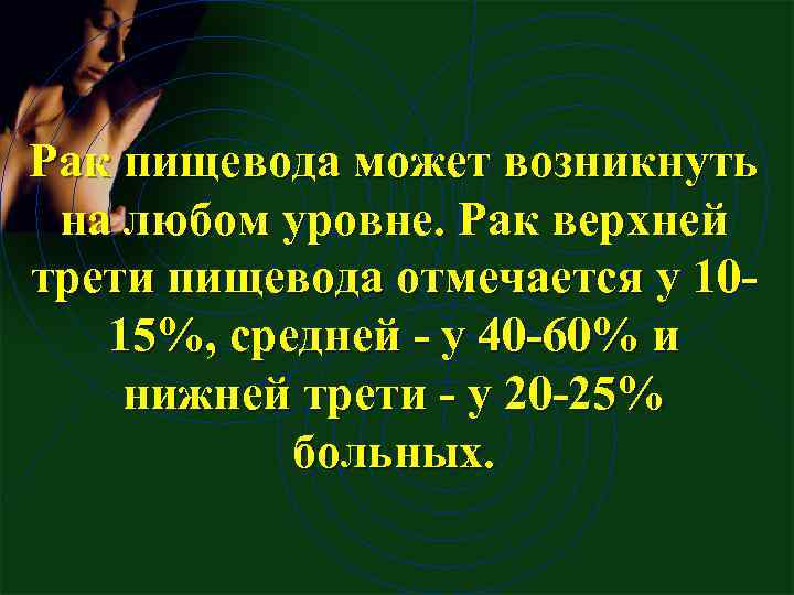 Рак пищевода может возникнуть на любом уровне. Рак верхней трети пищевода отмечается у 10