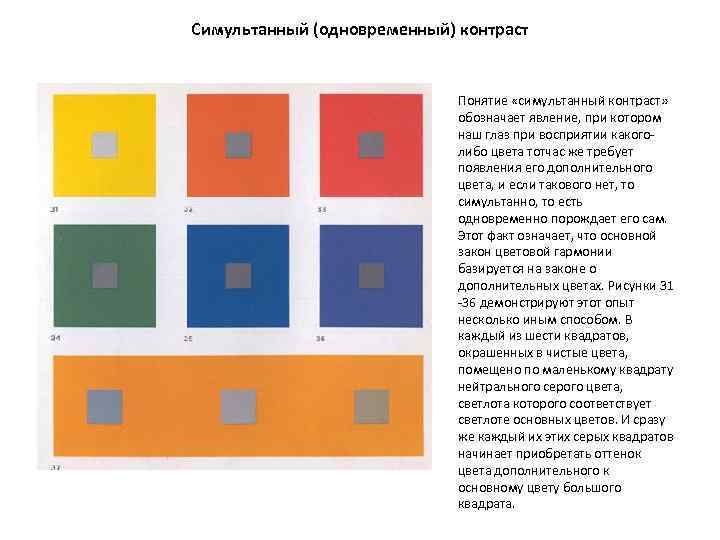 Симультанный (одновременный) контраст Понятие «симультанный контраст» обозначает явление, при котором наш глаз при восприятии