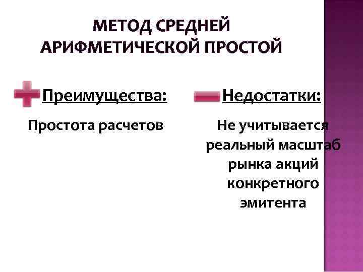 МЕТОД СРЕДНЕЙ АРИФМЕТИЧЕСКОЙ ПРОСТОЙ Преимущества: Простота расчетов Недостатки: Не учитывается реальный масштаб рынка акций