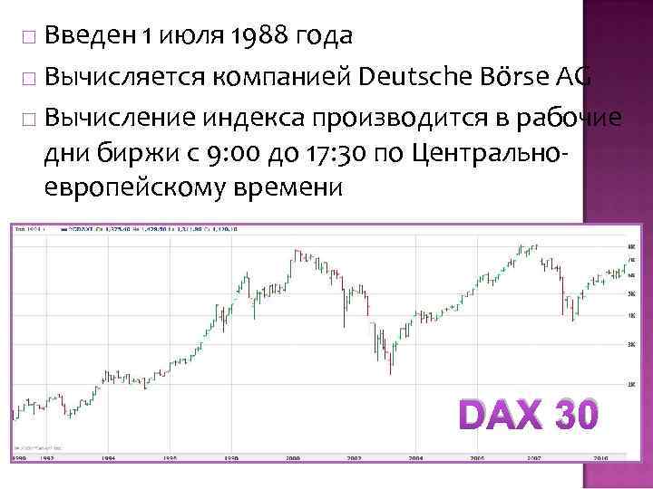 Введен 1 июля 1988 года Вычисляется компанией Deutsche Börse AG Вычисление индекса производится в