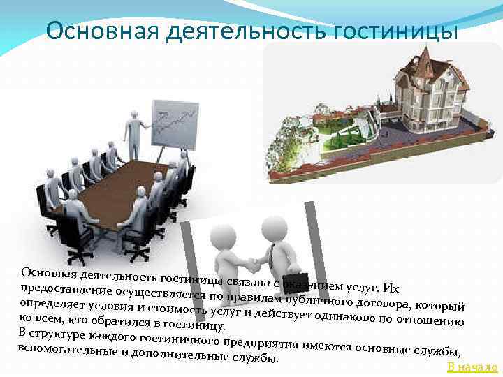 Основная деятельность гостиницы Основная деятельность г остиницы связана с оказа нием услуг. Их предоставление