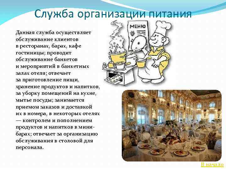 Служба организации питания Данная служба осуществляет обслуживание клиентов в ресторанах, барах, кафе гостиницы; проводит