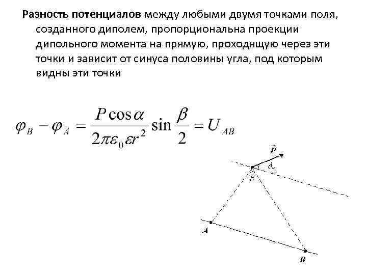 Разность потенциалов между любыми двумя точками поля, созданного диполем, пропорциональна проекции дипольного момента на