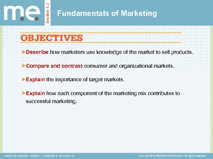 Section 1. 3 Fundamentals of Marketing Describe how marketers use knowledge of the market
