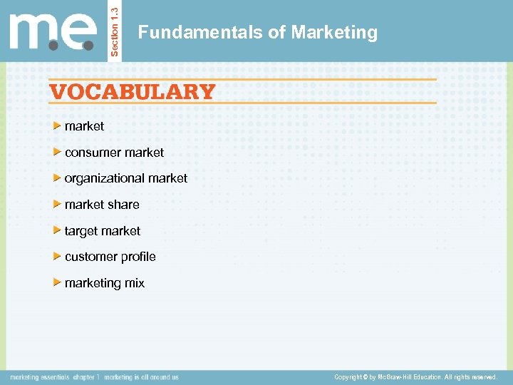 Section 1. 3 Fundamentals of Marketing market consumer market organizational market share target market
