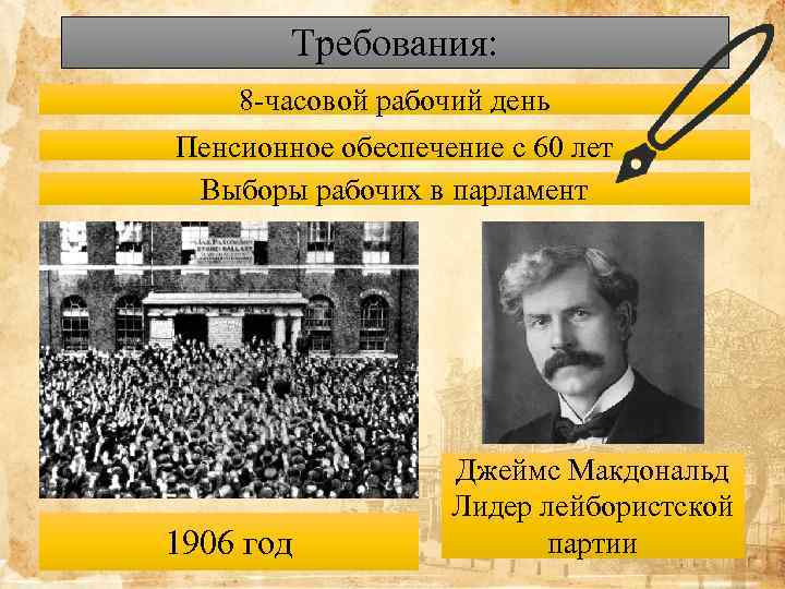 Требования: 8 -часовой рабочий день Пенсионное обеспечение с 60 лет Выборы рабочих в парламент