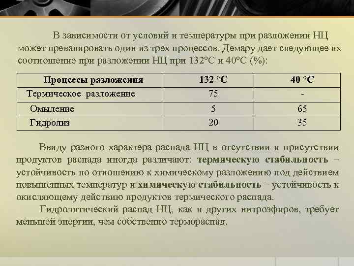 В зависимости от условий и температуры при разложении НЦ может превалировать один из трех