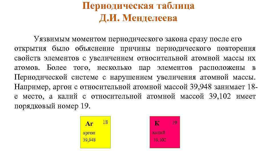 Периодическая таблица Д. И. Менделеева Уязвимым моментом периодического закона сразу после его открытия было