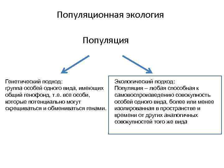 Популяционная экология Популяция Генетический подход: группа особей одного вида, имеющих общий генофонд, т. е.