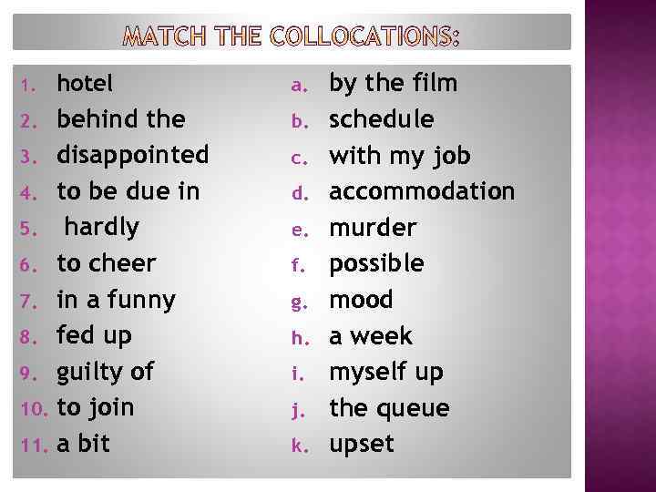 MATCH THE COLLOCATIONS: 1. hotel behind the 3. disappointed 4. to be due in