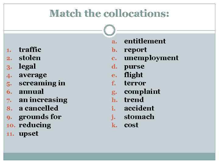 Match the collocations: 1. 2. 3. 4. 5. 6. 7. 8. 9. 10. 11.