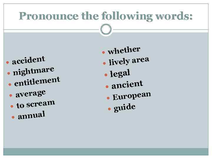 Pronounce the following words: t acciden ightmare n t ntitlemen e e averag am