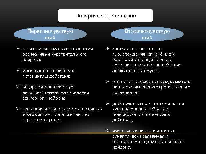 По строению рецепторов Первичночувствую щие Ø являются специализированными окончаниями чувствительного нейрона; Ø могут сами