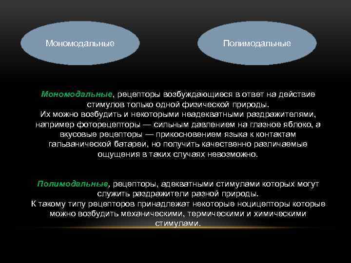 Мономодальные Полимодальные Мономодальные, рецепторы возбуждающиеся в ответ на действие стимулов только одной физической природы.