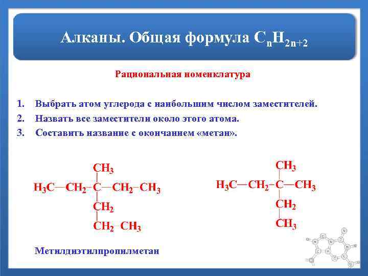 Алканы. Общая формула Сn. H 2 n+2 Рациональная номенклатура 1. 2. 3. Выбрать атом