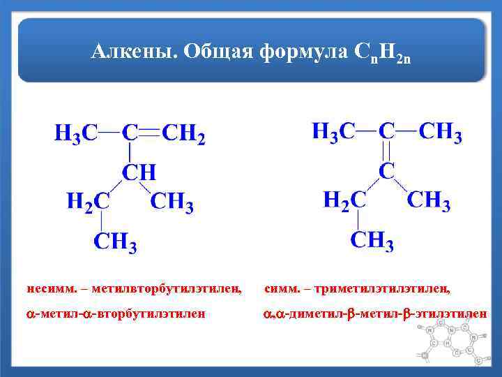 Алкены. Общая формула Сn. H 2 n несимм. – метилвторбутилэтилен, симм. – триметилэтилен, -метил-