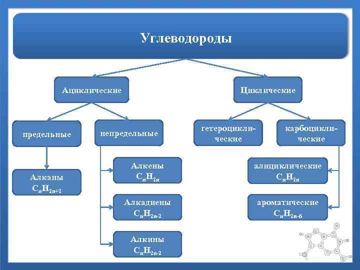 Углеводороды Ациклические предельные Алканы Сn. H 2 n+2 Циклические непредельные гетероциклические карбоциклические Алкены Сn.