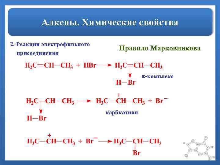 Алкены. Химические свойства 2. Реакции электрофильного присоединения Правило Марковникова -комплекс карбкатион 