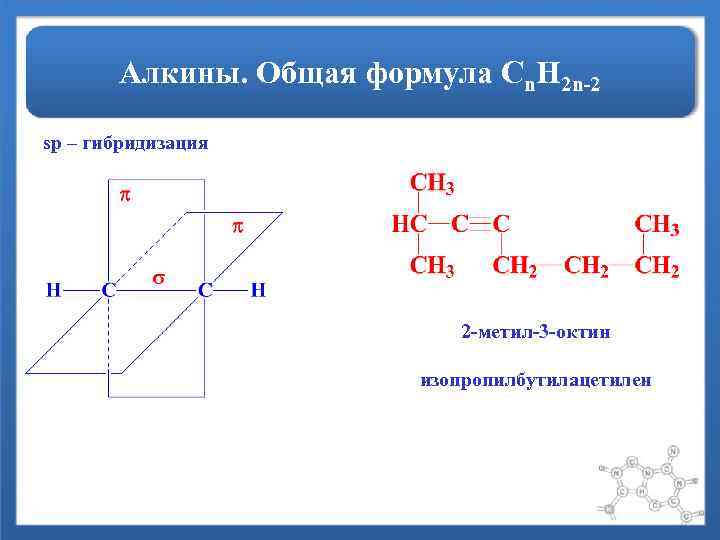 Алкины. Общая формула Сn. H 2 n-2 sp – гибридизация 2 -метил-3 -октин изопропилбутилацетилен