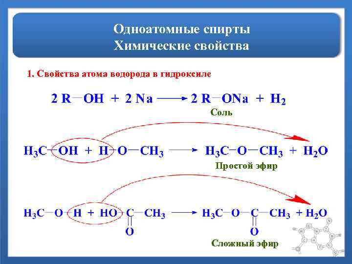 Одноатомные спирты Химические свойства 1. Свойства атома водорода в гидроксиле Соль Простой эфир Сложный