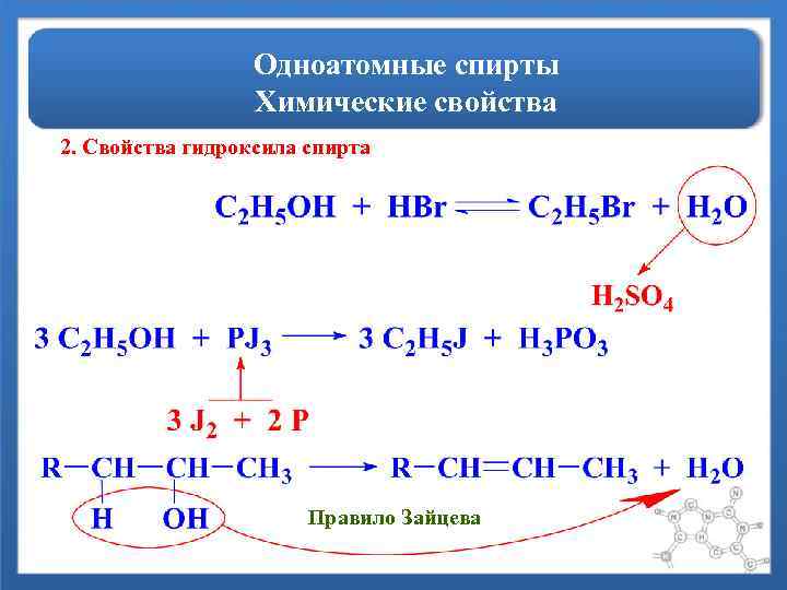 Одноатомные спирты Химические свойства 2. Свойства гидроксила спирта Правило Зайцева 