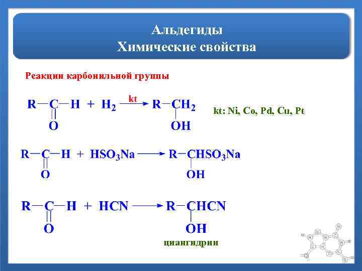 Альдегиды Химические свойства Реакции карбонильной группы kt: Ni, Co, Pd, Cu, Pt циангидрин 