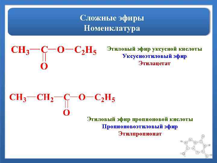 Сложные эфиры Номенклатура Этиловый эфир уксусной кислоты Уксусноэтиловый эфир Этилацетат Этиловый эфир пропионовой кислоты