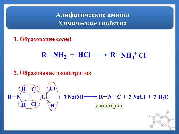 Амины химические свойства. Образование солей Аминов. Амины реагируют с кислотами с образованием солей. Реакция образования изонитрила. Изонитрильная реакция Аминов.