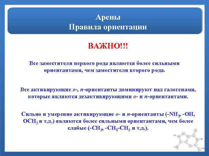 Арены Правила ориентации ВАЖНО!!! Все заместители первого рода являются более сильными ориентантами, чем заместители