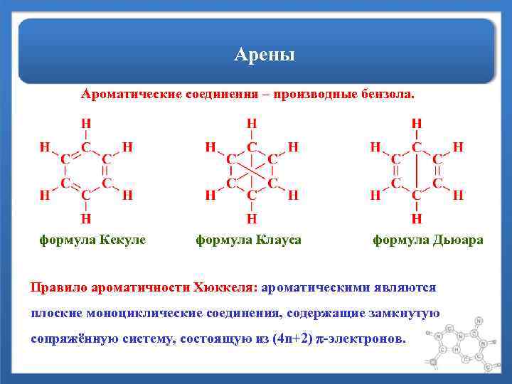 Арены Ароматические соединения – производные бензола. формула Кекуле формула Клауса формула Дьюара Правило ароматичности